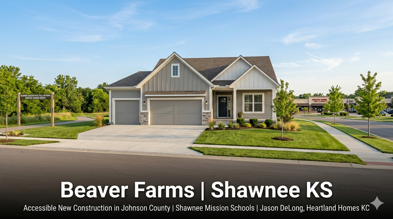 New construction home at Beaver Farms in central Shawnee KS featuring clean board and batten exterior with Shawnee Mission Parkway retail corridor and park trail access visible in the background representing accessible Johnson County new construction in the Shawnee Mission School District by Jason DeLong Heartland Homes KC. New construction home at Beaver Farms in central Shawnee KS featuring clean board and batten exterior with Shawnee Mission Parkway retail corridor and park trail access visible in the background representing accessible Johnson County new construction in the Shawnee Mission School District by Jason DeLong Heartland Homes KC.