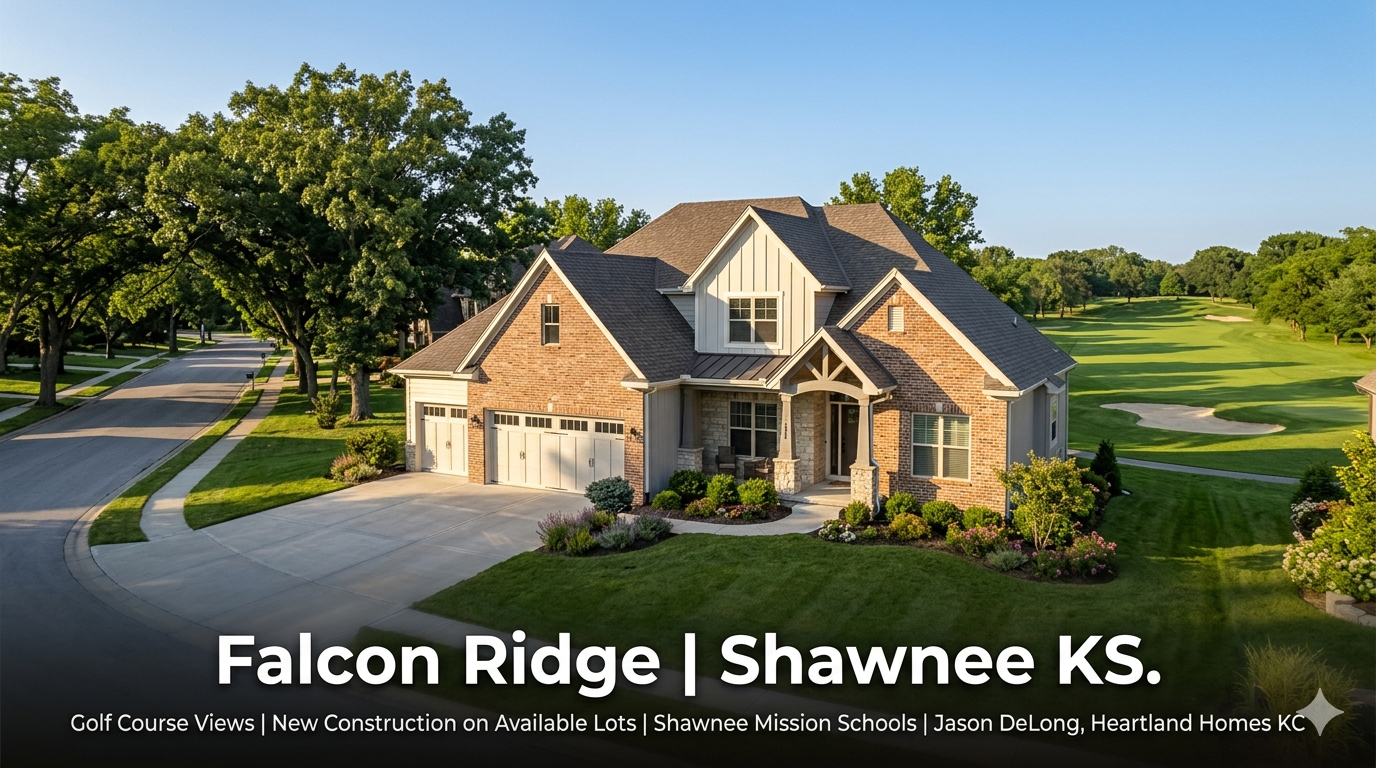 New construction home at Falcon Ridge in Shawnee KS with mature established neighborhood streetscape in the foreground and Falcon Ridge Golf Course fairway visible behind the home representing golf lifestyle living with Shawnee Mission School District access by Jason DeLong Heartland Homes KC. New construction home at Falcon Ridge in Shawnee KS with mature established neighborhood streetscape in the foreground and Falcon Ridge Golf Course fairway visible behind the home representing golf lifestyle living with Shawnee Mission School District access by Jason DeLong Heartland Homes KC.