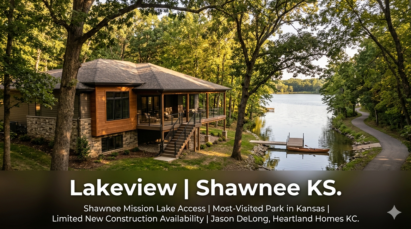 New construction home on a wooded lot at Lakeview in Shawnee KS with Shawnee Mission Lake visible in the background including a hiking trail and kayak dock at the shoreline representing limited new construction availability inside the 1,600-acre Shawnee Mission Park system by Jason DeLong Heartland Homes KC. New construction home on a wooded lot at Lakeview in Shawnee KS with Shawnee Mission Lake visible in the background including a hiking trail and kayak dock at the shoreline representing limited new construction availability inside the 1,600-acre Shawnee Mission Park system by Jason DeLong Heartland Homes KC.