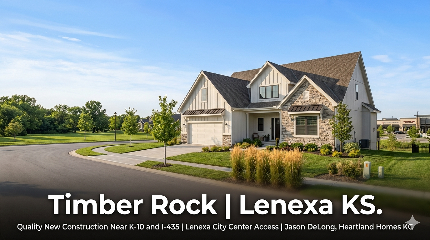 New construction home at Timber Rock in Lenexa KS featuring board and batten and stone exterior on a wide suburban street with Lenexa City Center and park access visible in the background representing B.L. Rieke quality near K-10 and I-435 by Jason DeLong Heartland Homes KC. New construction home at Timber Rock in Lenexa KS featuring board and batten and stone exterior on a wide suburban street with Lenexa City Center and park access visible in the background representing B.L. Rieke quality near K-10 and I-435 by Jason DeLong Heartland Homes KC.