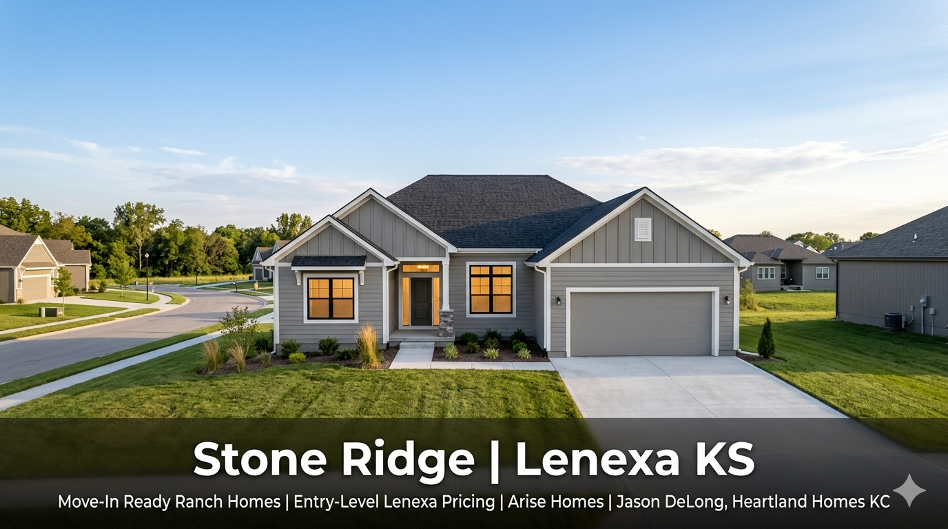 Move-in ready ranch-style new construction home at Stone Ridge in Lenexa KS built by Arise Homes featuring gray and white fiber cement exterior with warm interior lighting and fresh landscaping representing entry-level Johnson County pricing by Jason DeLong Heartland Homes KC. Move-in ready ranch-style new construction home at Stone Ridge in Lenexa KS built by Arise Homes featuring gray and white fiber cement exterior with warm interior lighting and fresh landscaping representing entry-level Johnson County pricing by Jason DeLong Heartland Homes KC.