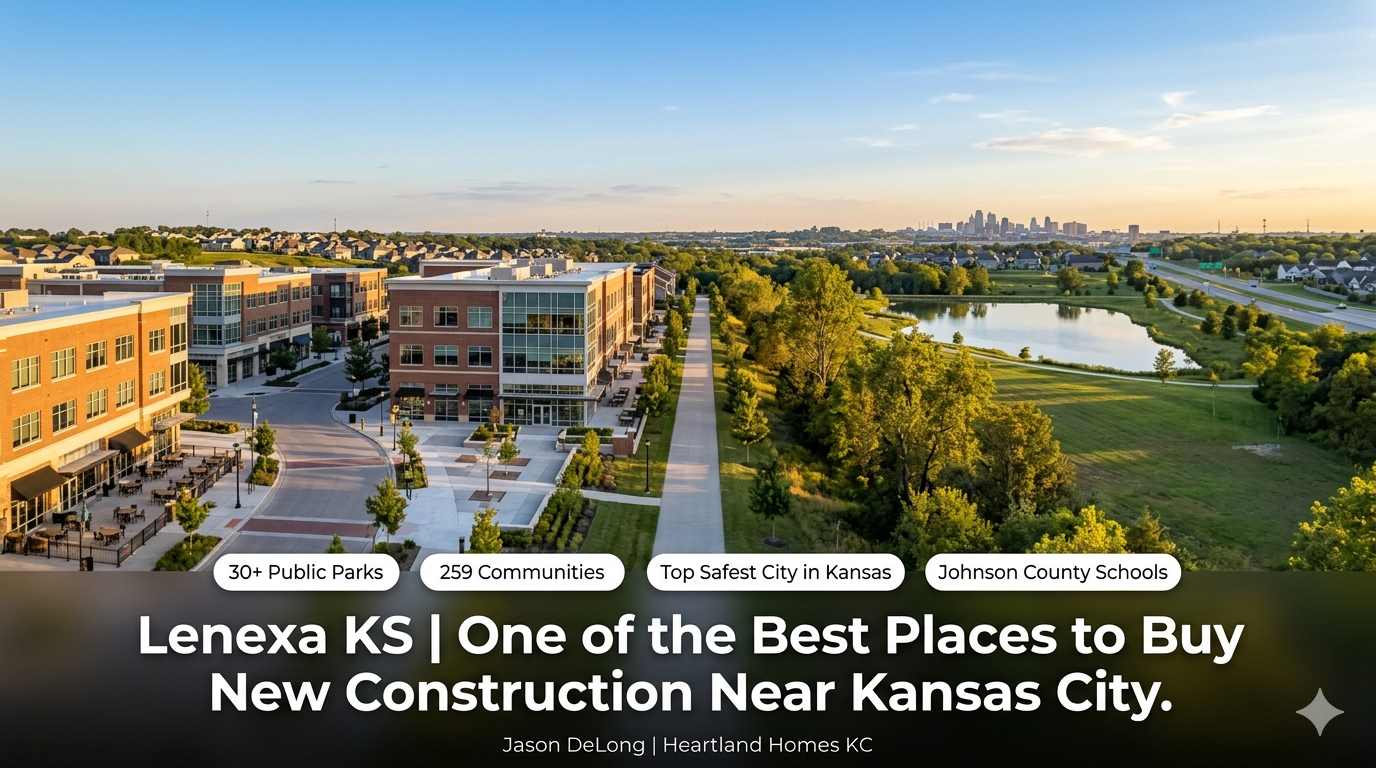 Panoramic image of Lenexa KS showing City Center in the foreground, a scenic trail and lake corridor in the mid-ground, and the Kansas City skyline on the horizon with data badges showing 30 plus public parks and 259 new construction communities by Jason DeLong Heartland Homes KC. Panoramic image of Lenexa KS showing City Center in the foreground, a scenic trail and lake corridor in the mid-ground, and the Kansas City skyline on the horizon with data badges showing 30 plus public parks and 259 new construction communities by Jason DeLong Heartland Homes KC.