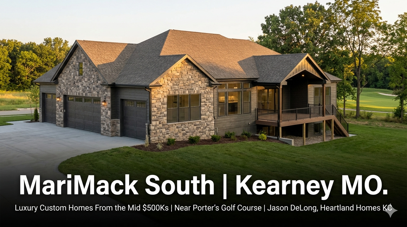 Luxury custom reverse ranch home at MariMack South in Kearney MO with stone and Hardie exterior and Porter's Golf Course visible in the background starting in the mid $500,000s by Jason DeLong Heartland Homes KC.