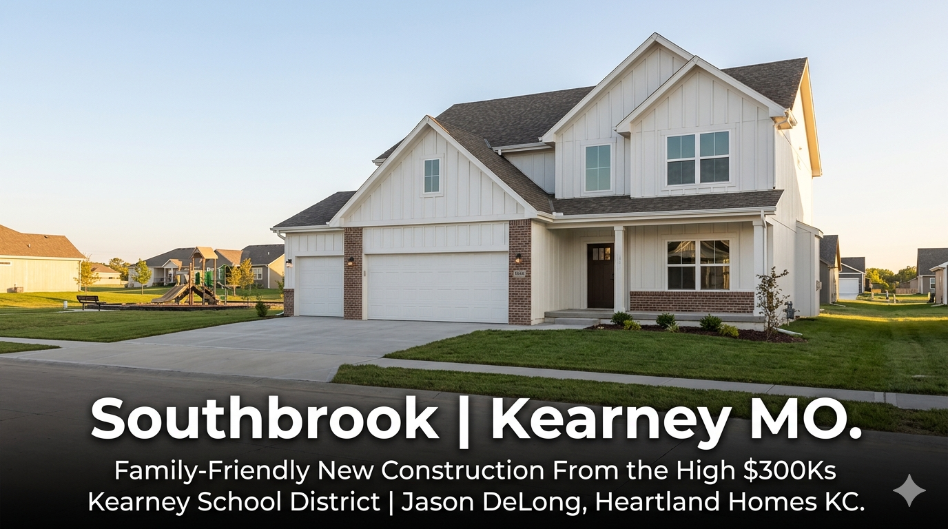 Modern two-story new construction home at Southbrook in Kearney MO featuring board and batten exterior with community green space and playground visible in the background starting in the high $300,000s by Jason DeLong Heartland Homes KC.