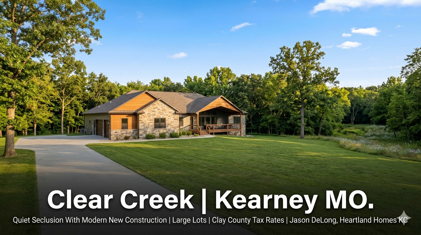 Custom new construction ranch home at Clear Creek in Kearney MO on a large secluded lot with natural creek bottomland landscape visible beyond the tree line representing Clay County property tax rates and Kearney School District access by Jason DeLong Heartland Homes KC.