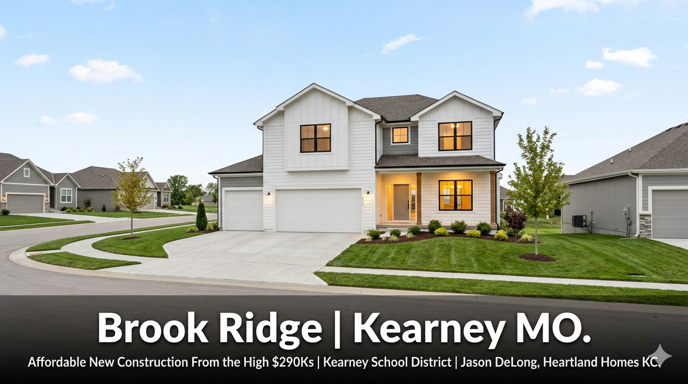 Move-in ready two-story new construction home at Brook Ridge in Kearney MO with white and gray exterior and warm interior lighting representing the most affordable entry point into the Kearney School District starting in the high $290,000s by Jason DeLong Heartland Homes KC.