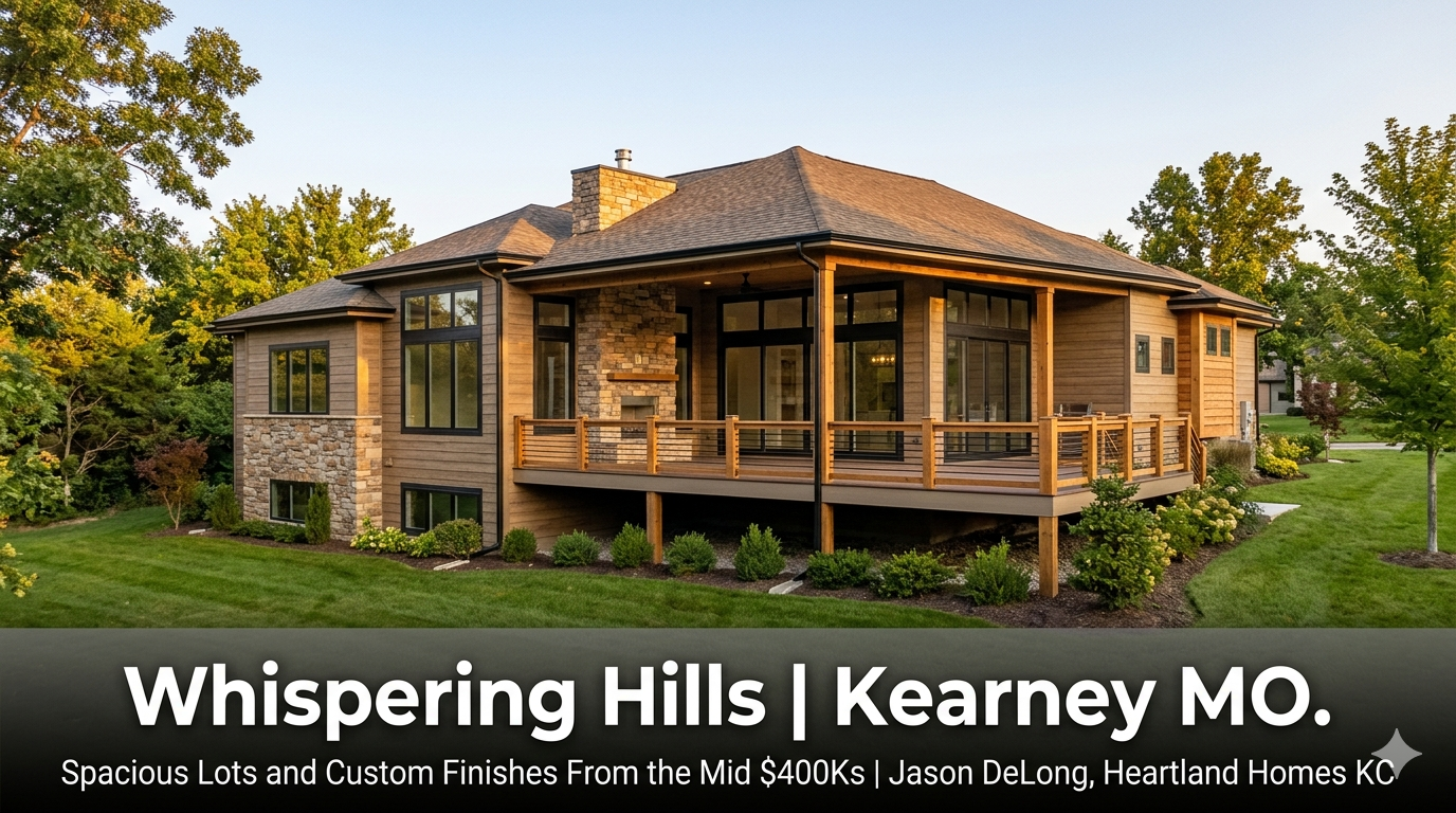 Boutique custom ranch home at Whispering Hills in Kearney MO featuring stone exterior, oversized windows with fireplace visible inside, and large covered deck on a spacious private lot starting in the mid $400,000s by Jason DeLong Heartland Homes KC.