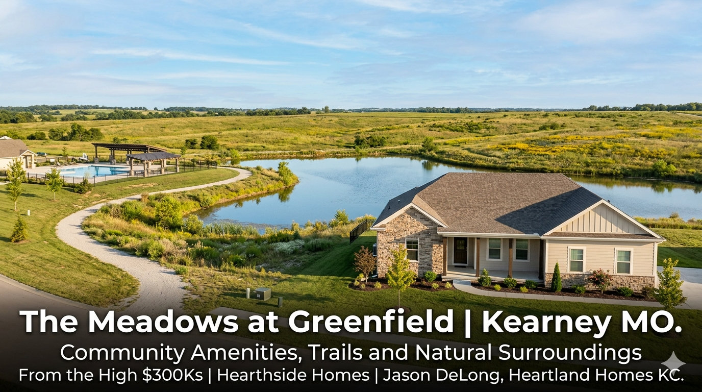 Ranch-style new construction home at The Meadows at Greenfield in Kearney MO with a scenic community lake, walking trails, and natural grassland preserve in the background representing entry-level new construction starting in the high $300,000s by Hearthside Homes and Jason DeLong Heartland Homes KC.