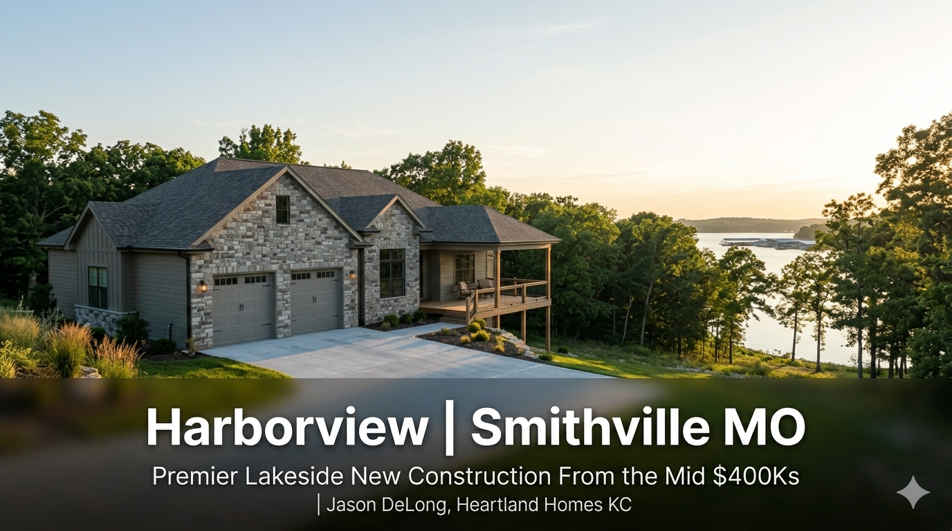 Custom reverse ranch home at Harborview in Smithville MO with covered deck overlooking Smithville Lake in the background starting in the mid $400,000s by Jason DeLong Heartland Homes KC.