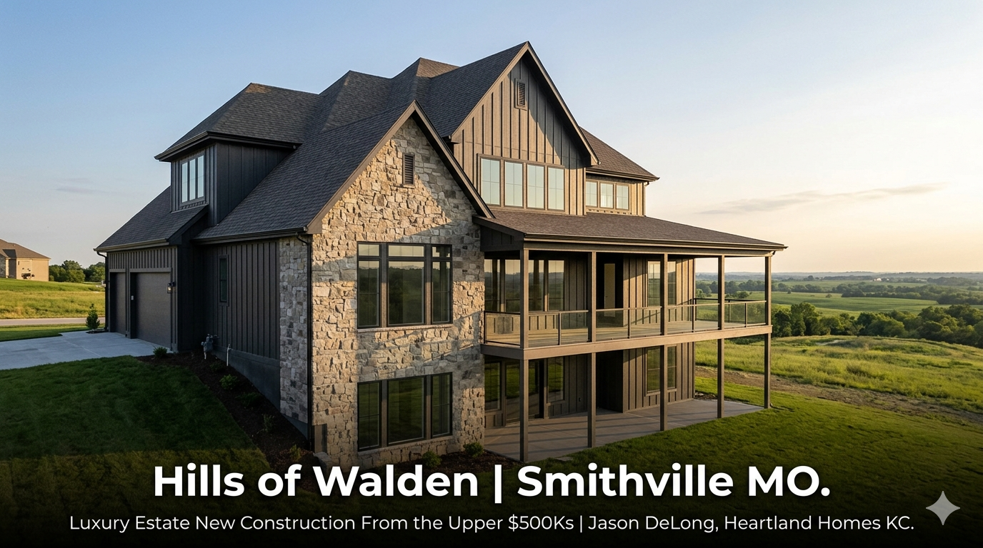 Luxury custom estate home at Hills of Walden in Smithville MO on an elevated rolling lot with long-range northland views from a covered rear deck starting in the upper $500,000s by Jason DeLong Heartland Homes KC.