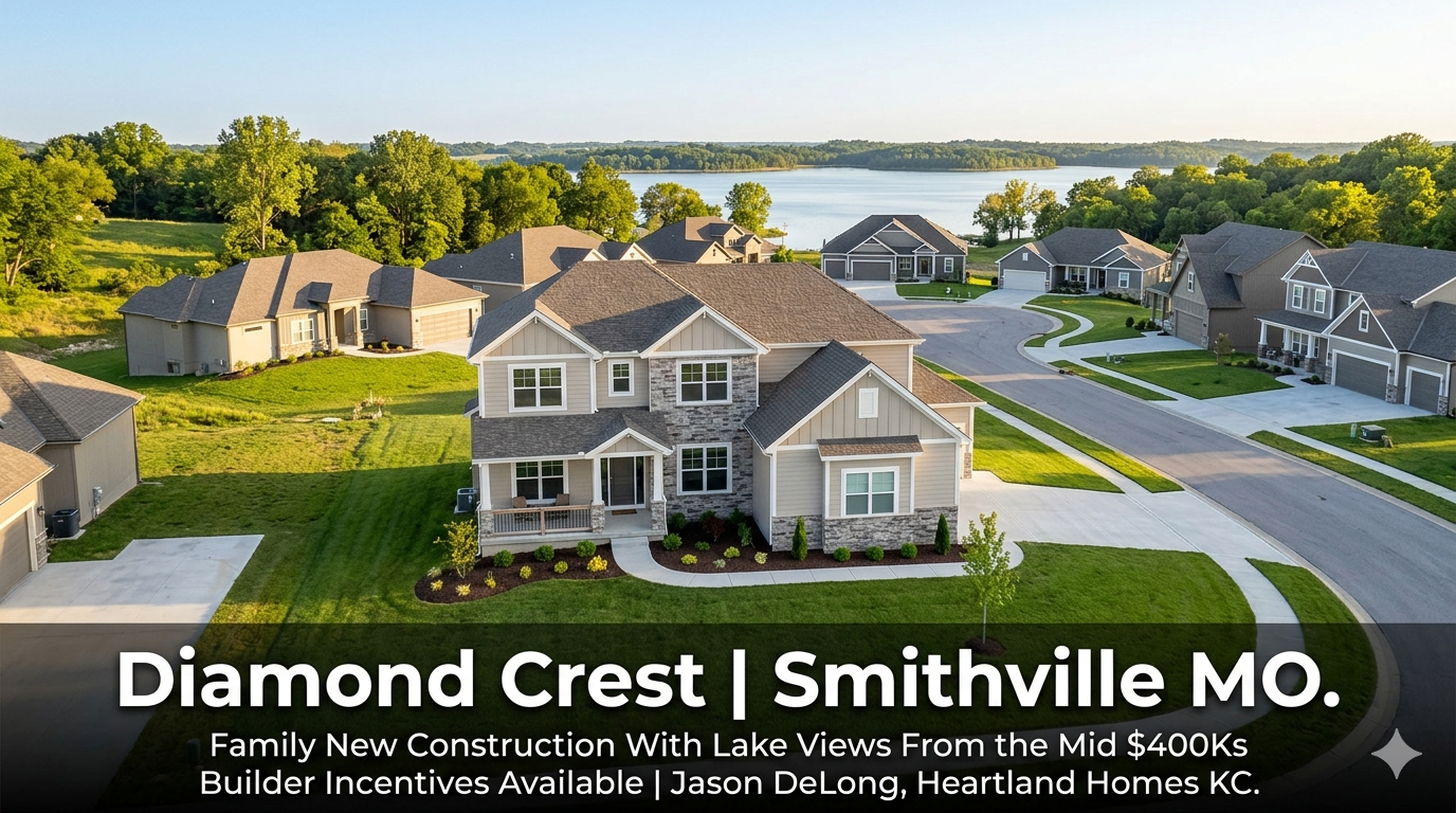  Modern new construction home at Diamond Crest in Smithville MO with Smithville Lake views on the horizon and family-oriented neighborhood streetscape starting in the mid $400,000s by Jason DeLong Heartland Homes KC.