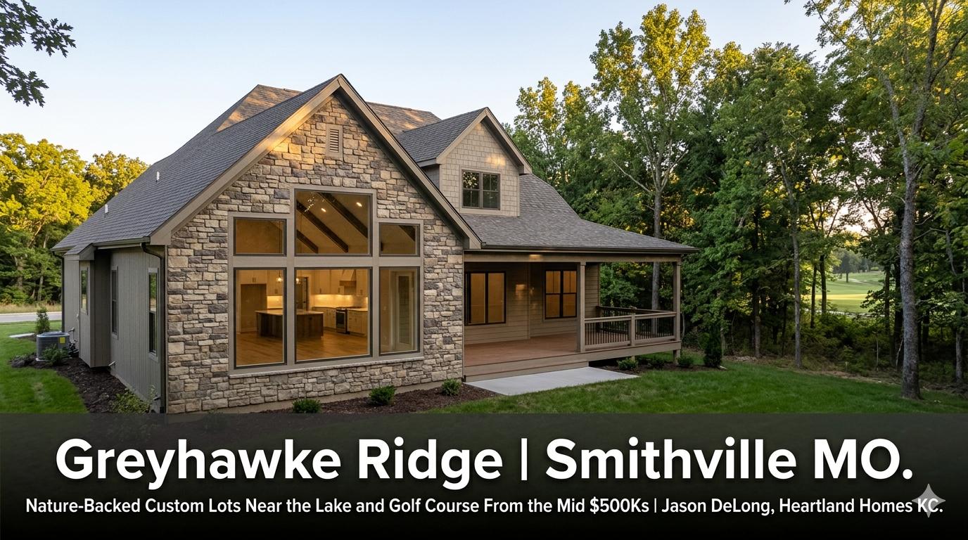 Custom reverse 1.5-story home at Greyhawke Ridge in Smithville MO with mature wooded tree line backing the lot and Paradise Pointe Golf Course visible in the background starting in the mid $500,000s by Jason DeLong Heartland Homes KC.