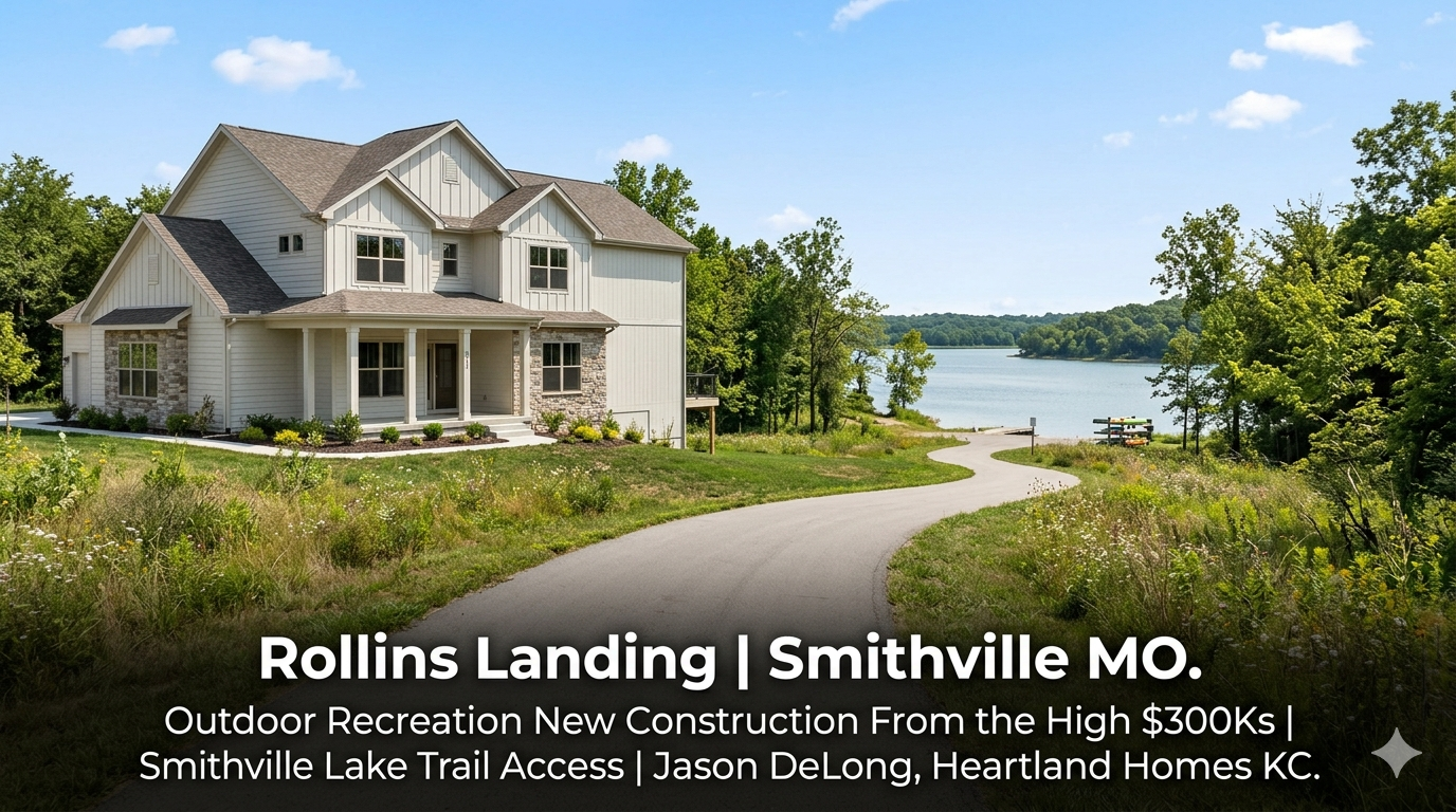 New construction ranch home at Rollins Landing in Smithville MO adjacent to Smithville Lake trail system with boat ramp and Smith's Fork Park visible in the background starting in the high $300,000s by Jason DeLong Heartland Homes KC.