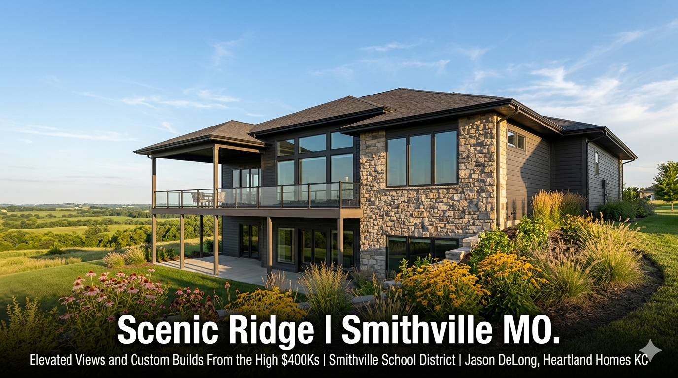Custom reverse ranch home at Scenic Ridge in Smithville MO on a dramatically elevated lot with long-range rolling Missouri countryside views from an oversized covered deck starting in the high $400,000s by Jason DeLong Heartland Homes KC.