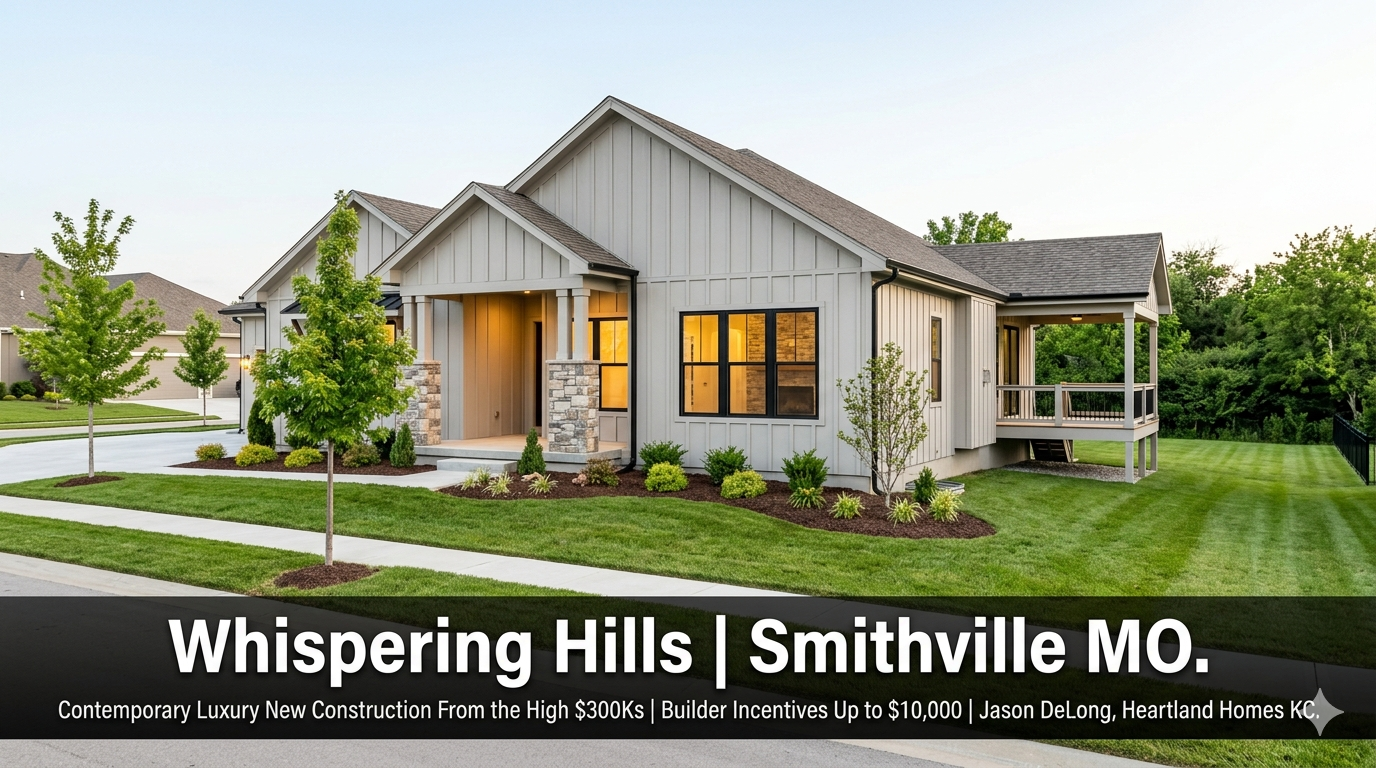 Contemporary ranch home at Whispering Hills in Smithville MO featuring board and batten exterior with stone fireplace visible through the window and covered rear deck starting in the high $300,000s by Jason DeLong Heartland Homes KC.