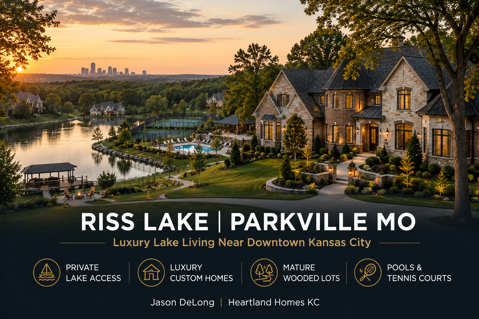 Luxury waterfront homes in Riss Lake Parkville MO with private lake access, wooded lots, and Kansas City skyline sunset views