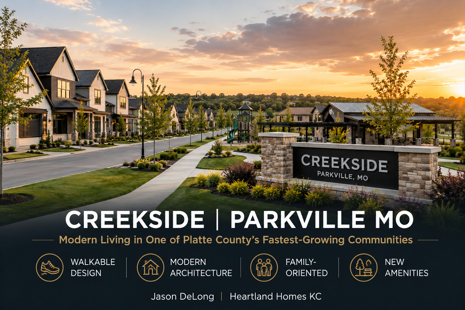 Modern new construction homes in Creekside Parkville MO with walkable streets, family amenities, and contemporary suburban design