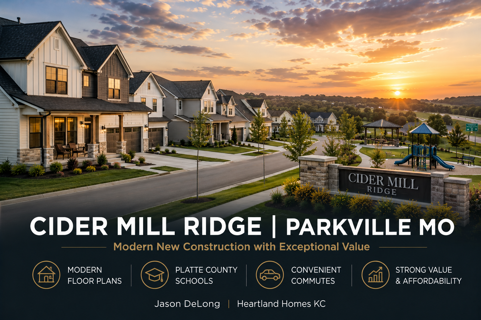 Modern new construction homes in Cider Mill Ridge Parkville MO with family-friendly streets, Platte County schools, and sunset neighborhood views