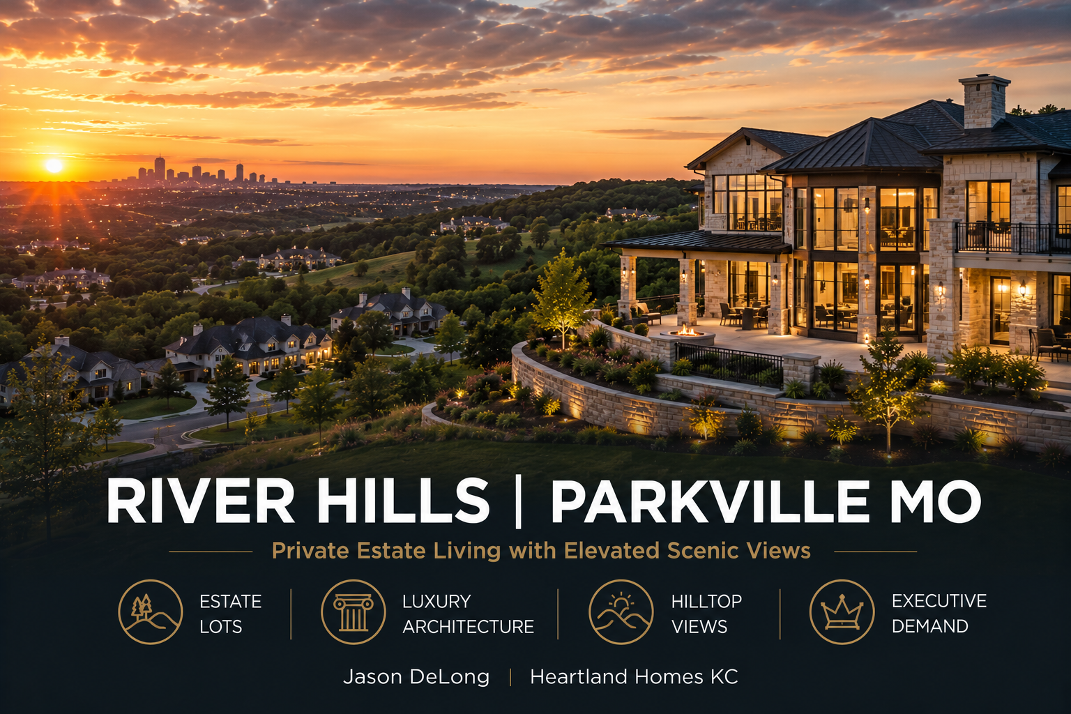 Luxury custom homes in River Hills Parkville MO with elevated estate lots, scenic hilltop views, and private suburban living near Kansas City