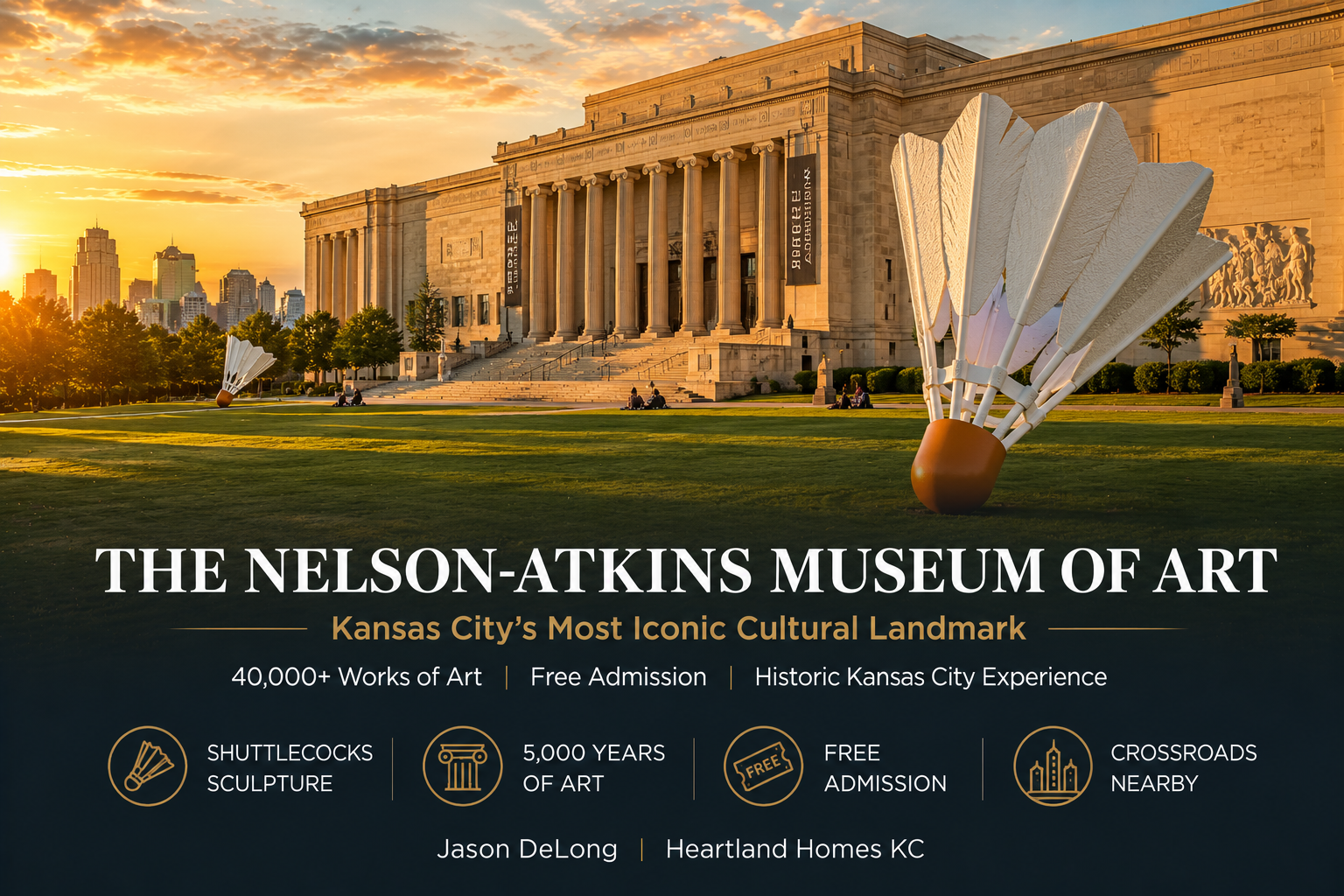 The Nelson-Atkins Museum of Art in Kansas City MO featuring iconic shuttlecock sculptures, neoclassical architecture, and golden hour skyline views