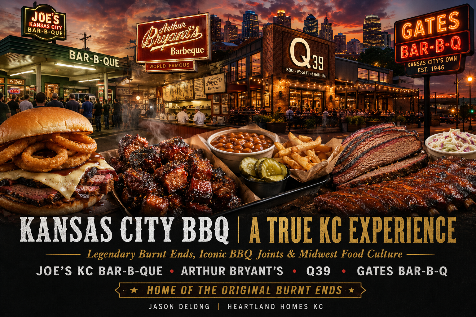 Kansas City BBQ restaurants featuring Joe’s KC, Arthur Bryant’s, Q39, Gates Bar-B-Q, burnt ends, ribs, and skyline sunset food scene