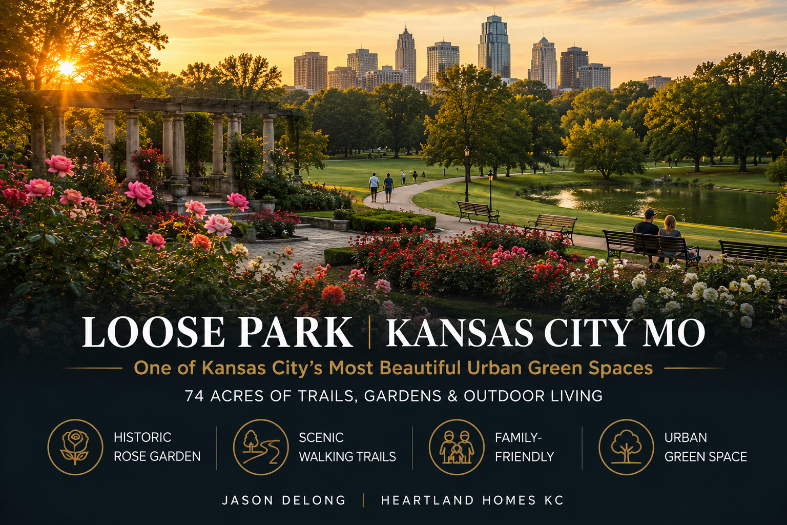 Loose Park in Kansas City MO featuring rose gardens, scenic walking trails, lakeside views, and downtown skyline at sunset