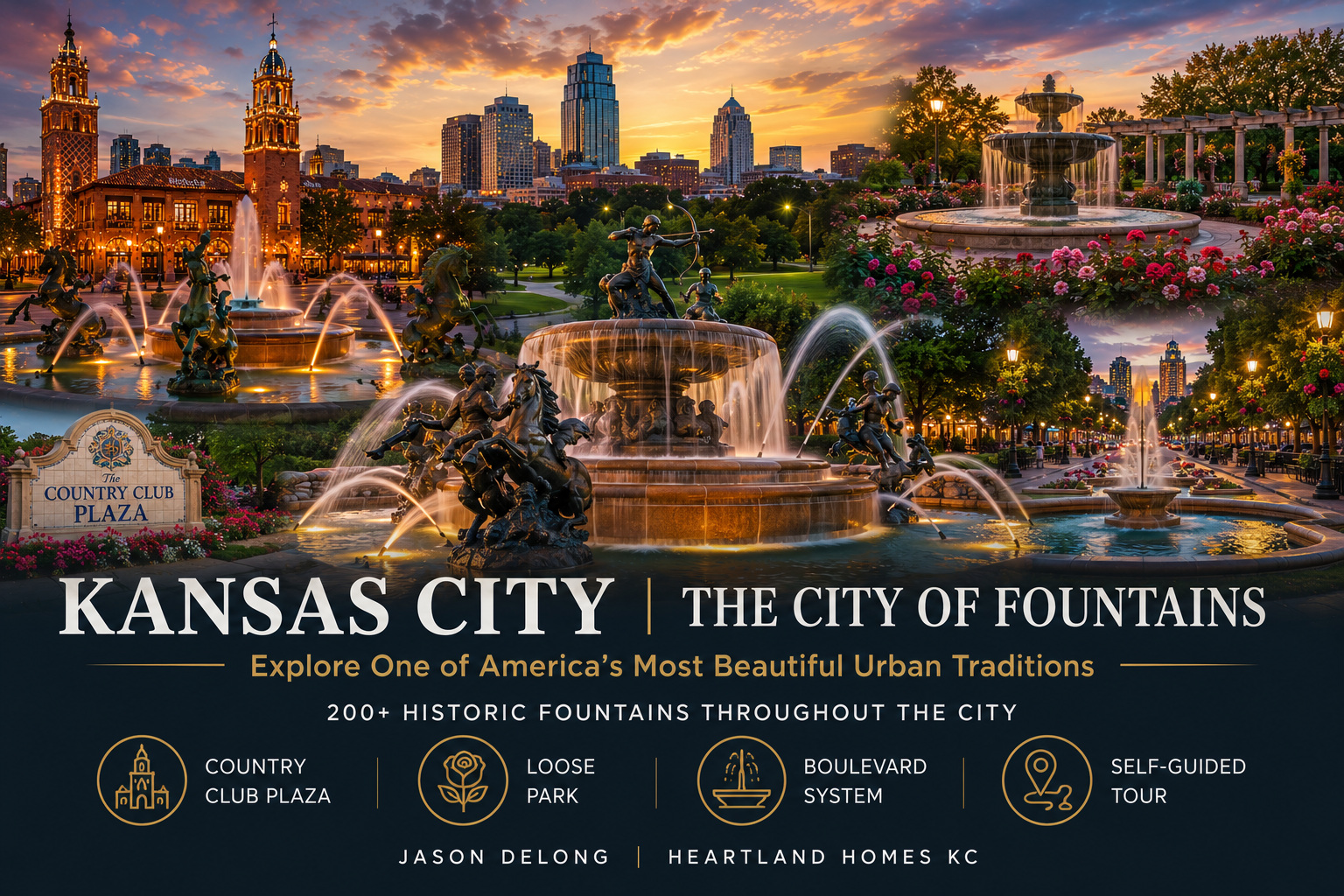 Kansas City City of Fountains tour featuring Plaza fountains, Loose Park gardens, downtown skyline, and historic boulevard water features at sunset