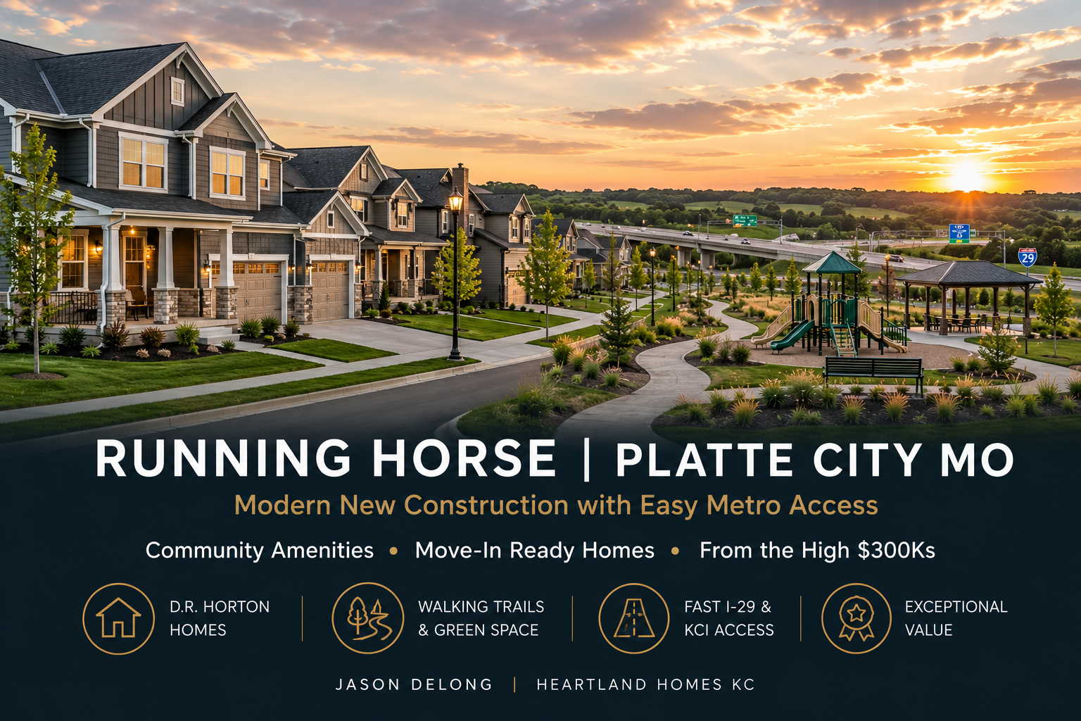 Running Horse Platte City MO featuring modern new construction homes, walking trails, community amenities, and easy I-29 access near KCI Airport