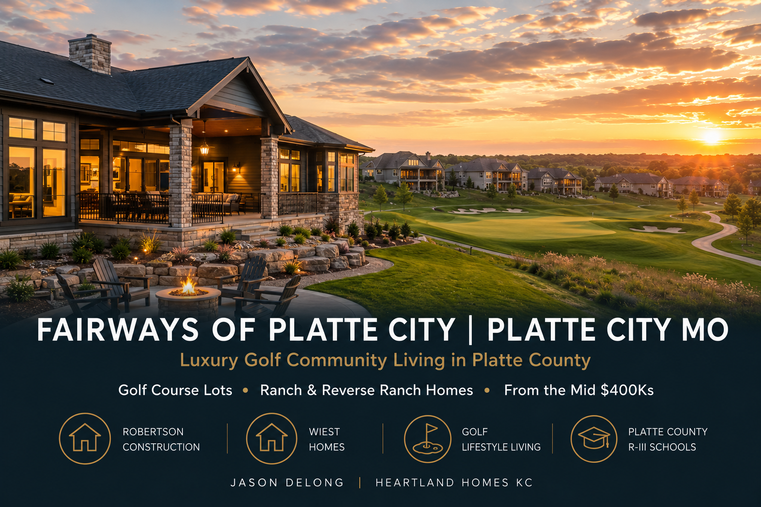 Fairways of Platte City MO featuring luxury golf course homes, scenic fairway views, and upscale ranch-style living in Platte County