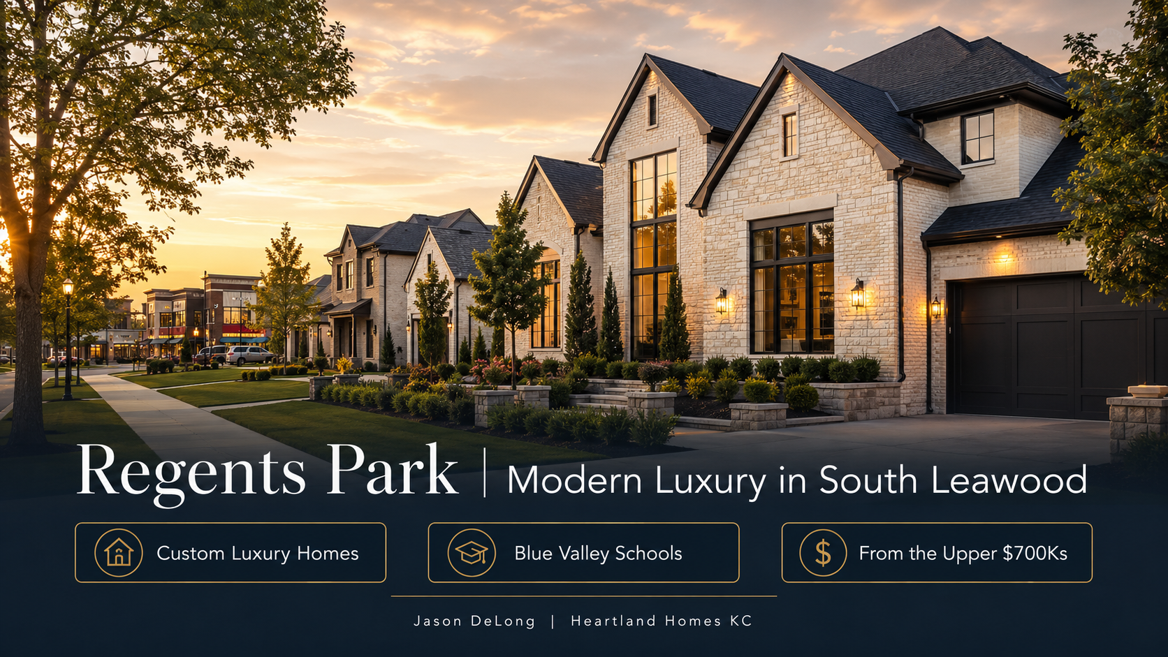 Luxury custom homes in Regents Park South Leawood KS at golden hour with Blue Valley Schools access