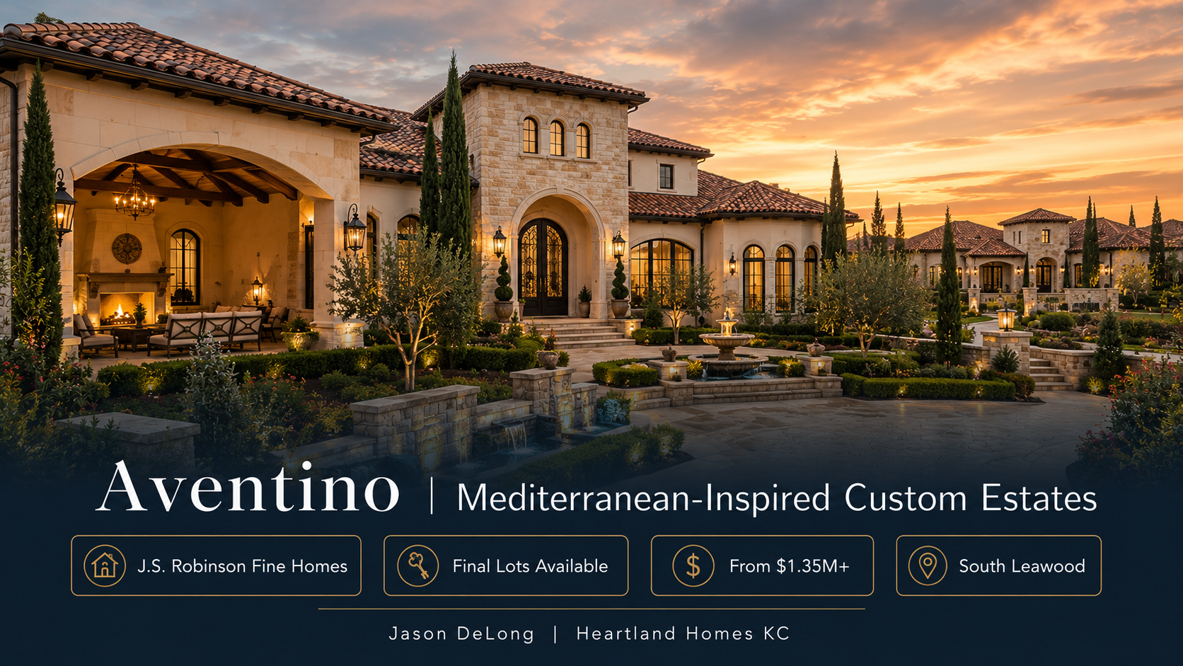 Mediterranean luxury estate homes in Aventino Leawood KS at sunset