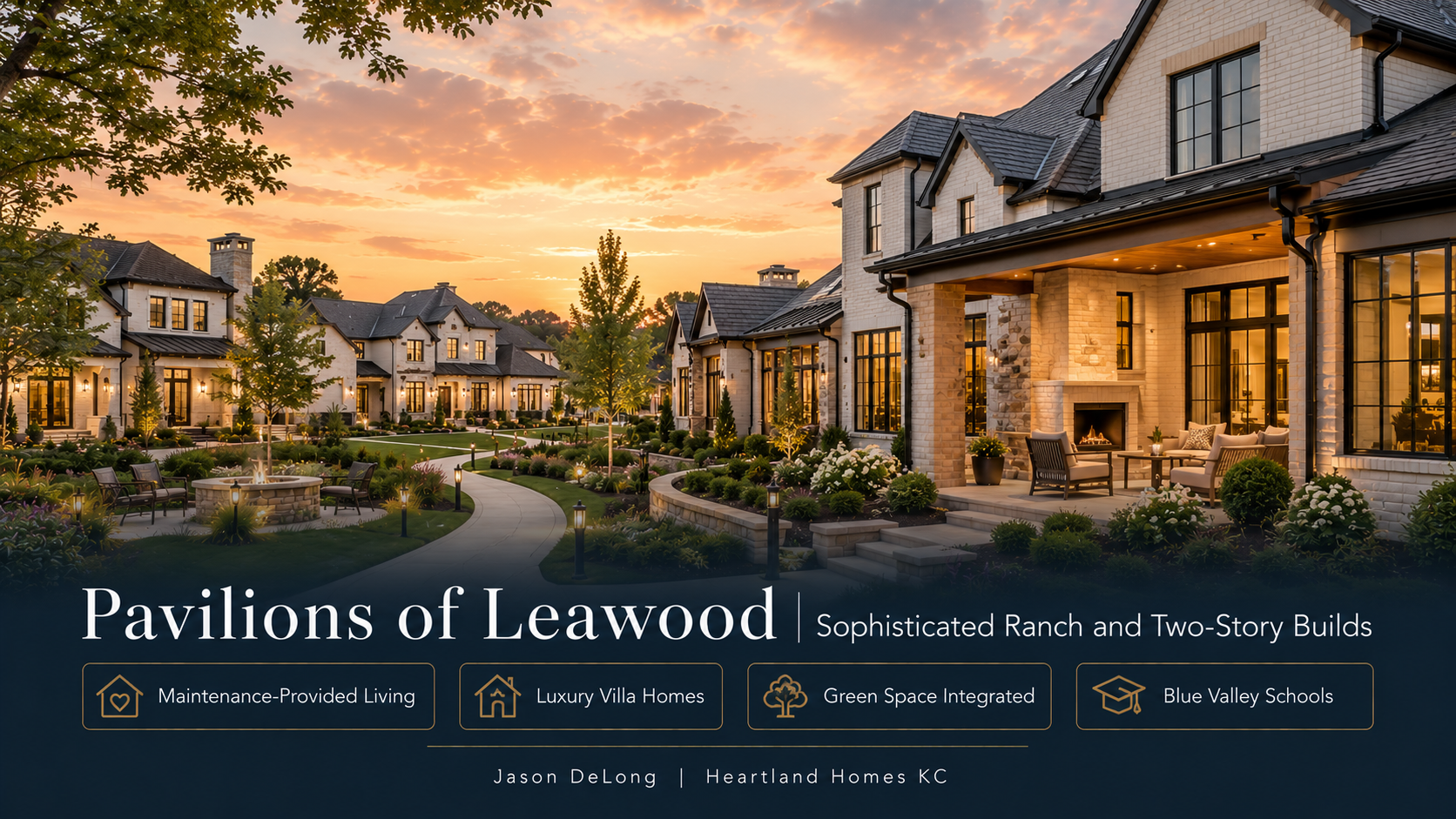 Luxury villa homes in Pavilions of Leawood KS with green space views