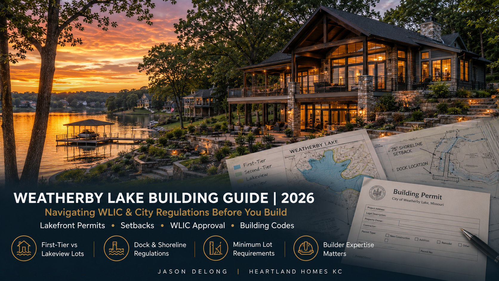 Weatherby Lake MO custom home building guide featuring luxury lakefront homes, WLIC regulations, shoreline permits, and sunset lake views