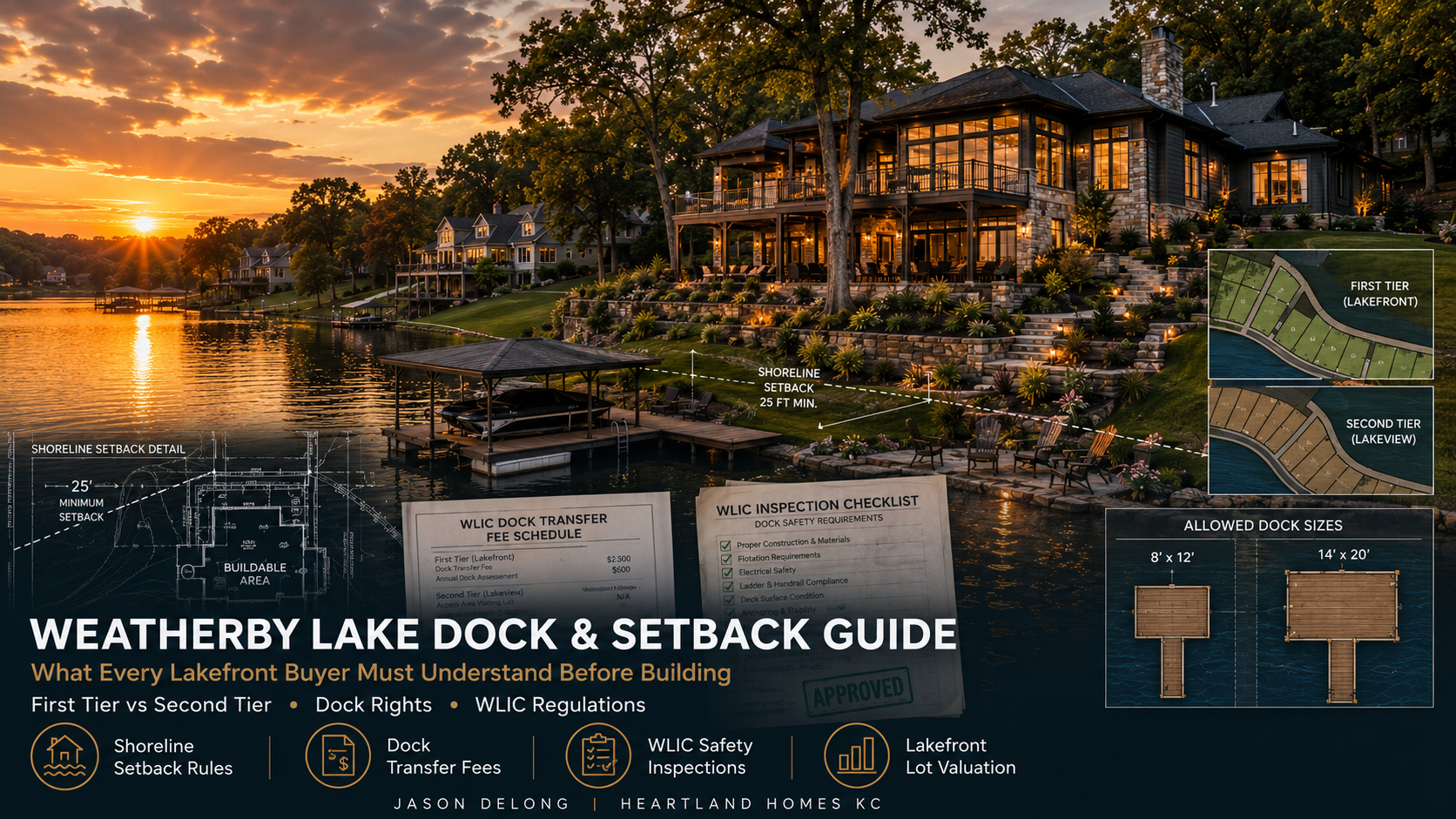 Weatherby Lake dock and setback guide featuring luxury lakefront homes, WLIC dock regulations, shoreline setback diagrams, and custom home planning near Kansas City