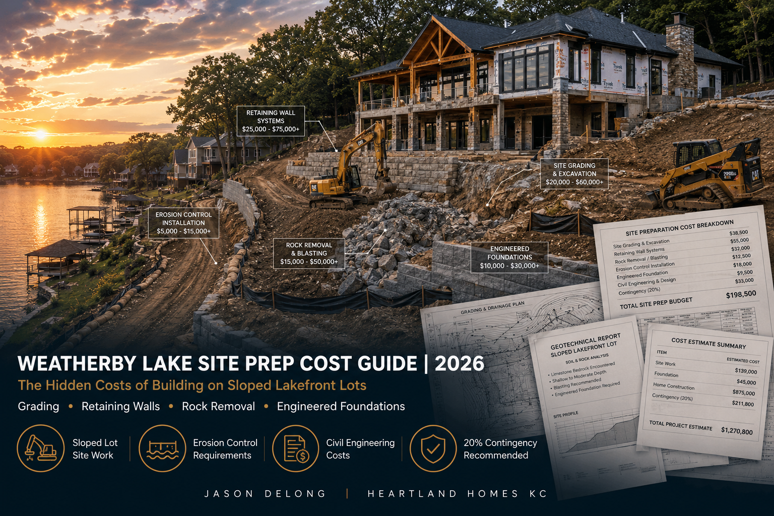 Weatherby Lake site prep cost guide featuring luxury lakefront home construction, retaining walls, excavation work, and sloped lot engineering near Kansas City