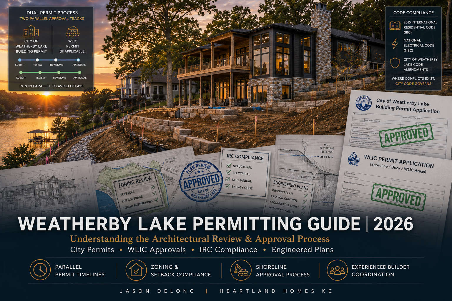 Weatherby Lake permitting guide featuring luxury lakefront home construction, WLIC approvals, city permits, zoning reviews, and custom build planning near Kansas City