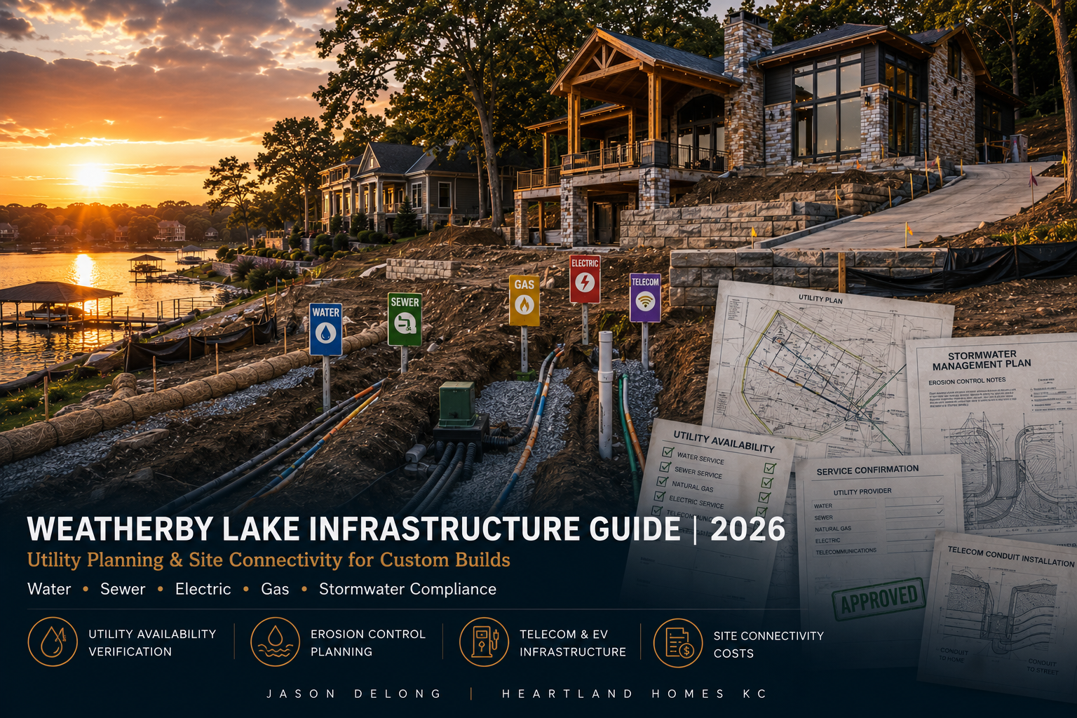 Weatherby Lake infrastructure guide featuring luxury lakefront home construction, utility trenching, stormwater planning, and custom build site connectivity near Kansas City