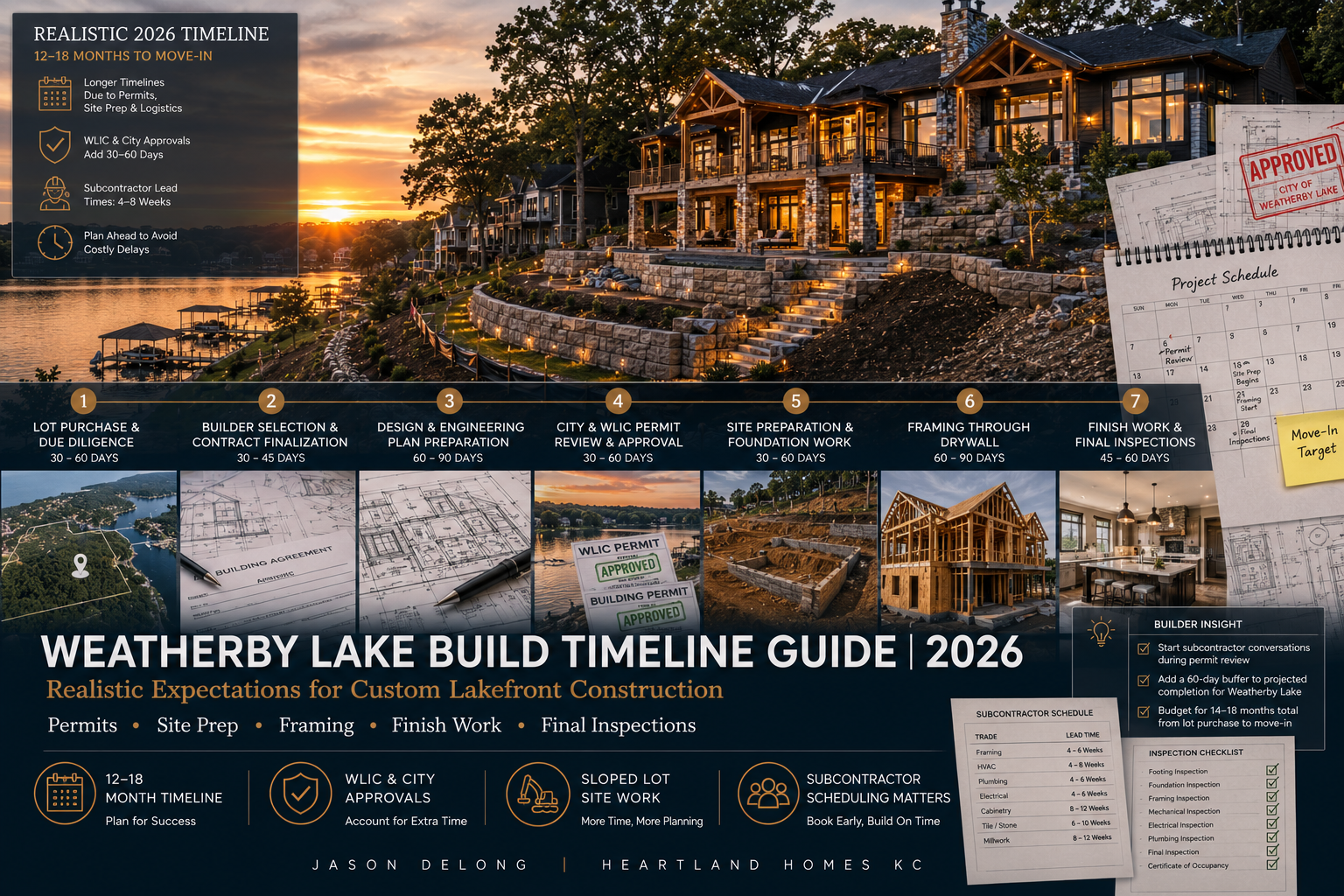 Weatherby Lake custom home build timeline guide featuring luxury lakefront construction phases, WLIC permits, site prep, framing, and move-in planning near Kansas City