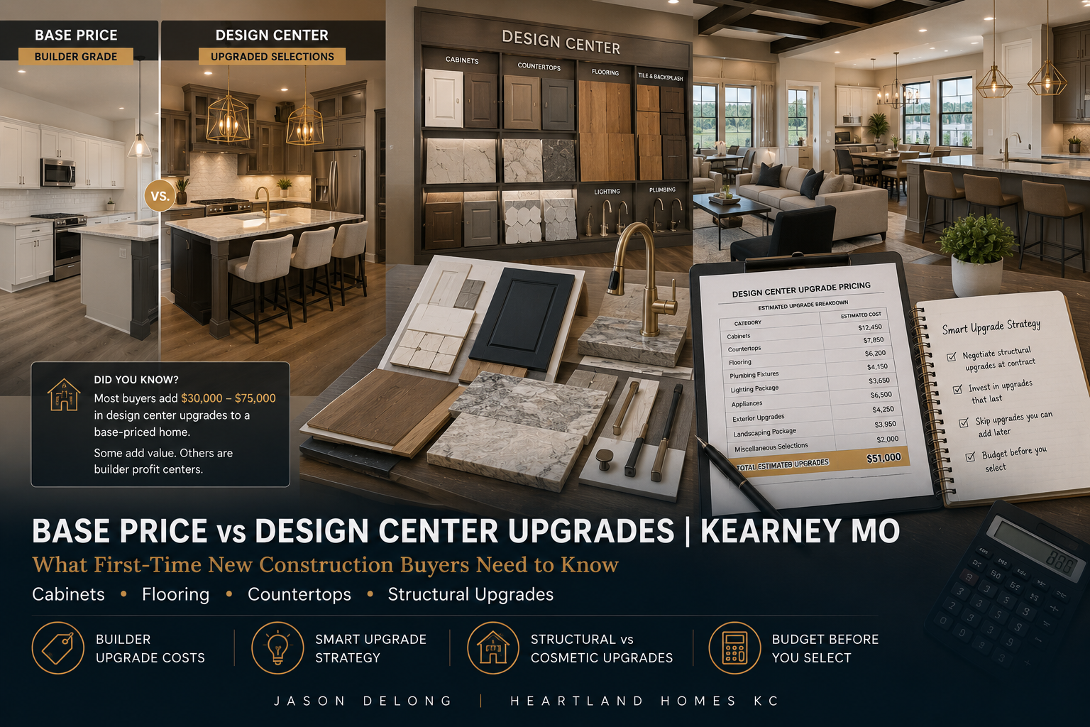 Kearney MO new construction design center guide featuring builder upgrades, kitchen selections, flooring options, and smart budgeting strategies for first-time buyers