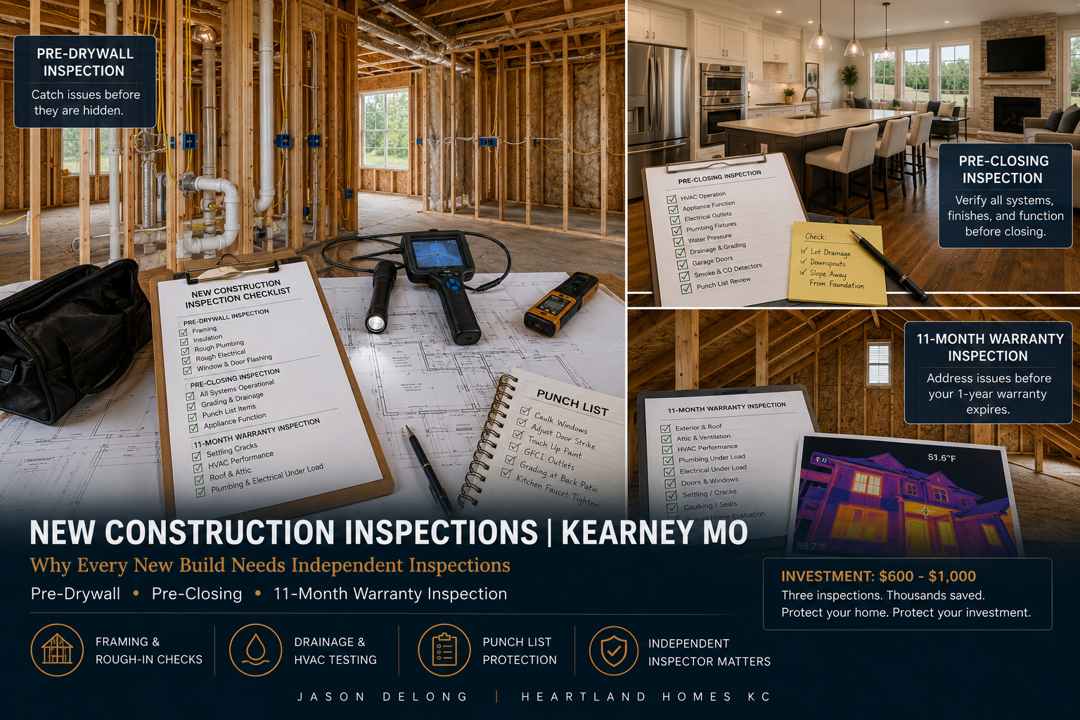 Kearney MO new construction inspection guide featuring pre-drywall inspections, final walkthrough checklists, HVAC testing, and independent home inspection stages for new builds