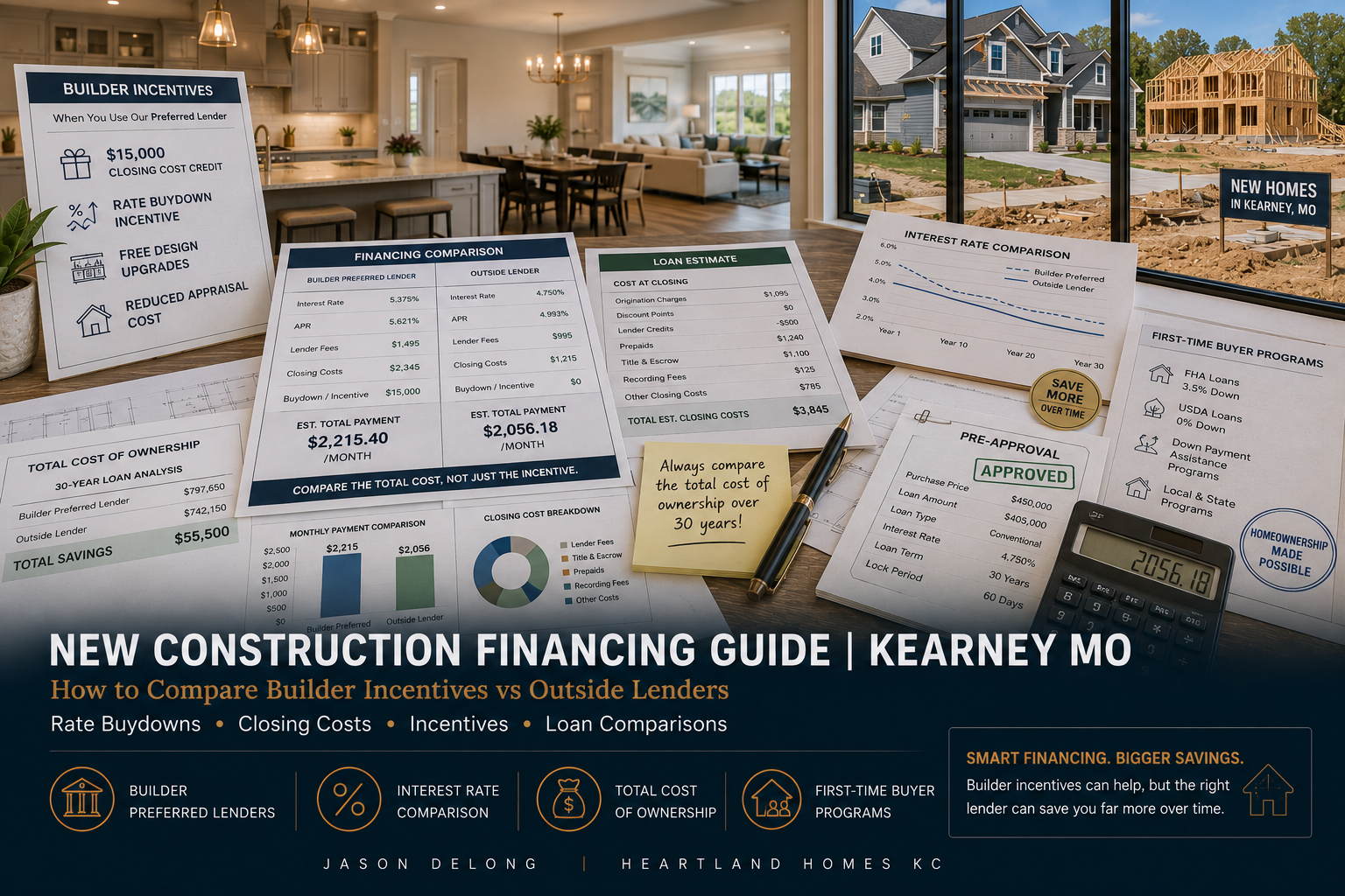 Kearney MO new construction financing guide featuring builder incentives, mortgage comparisons, rate buydowns, and lender options for first-time homebuyers