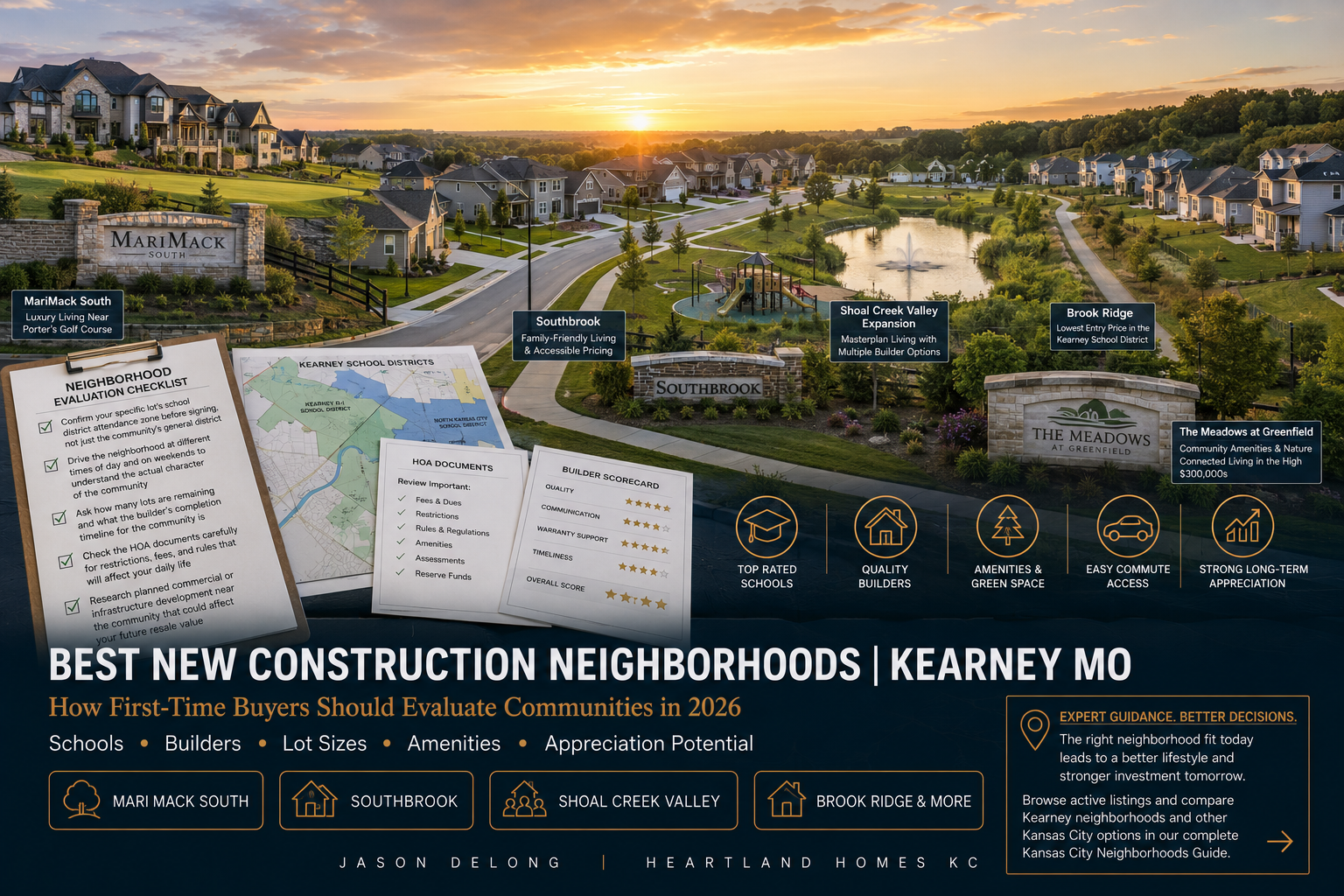Kearney MO new construction neighborhood guide featuring MariMack South, Southbrook, Shoal Creek Valley, and family-friendly communities with schools and amenities