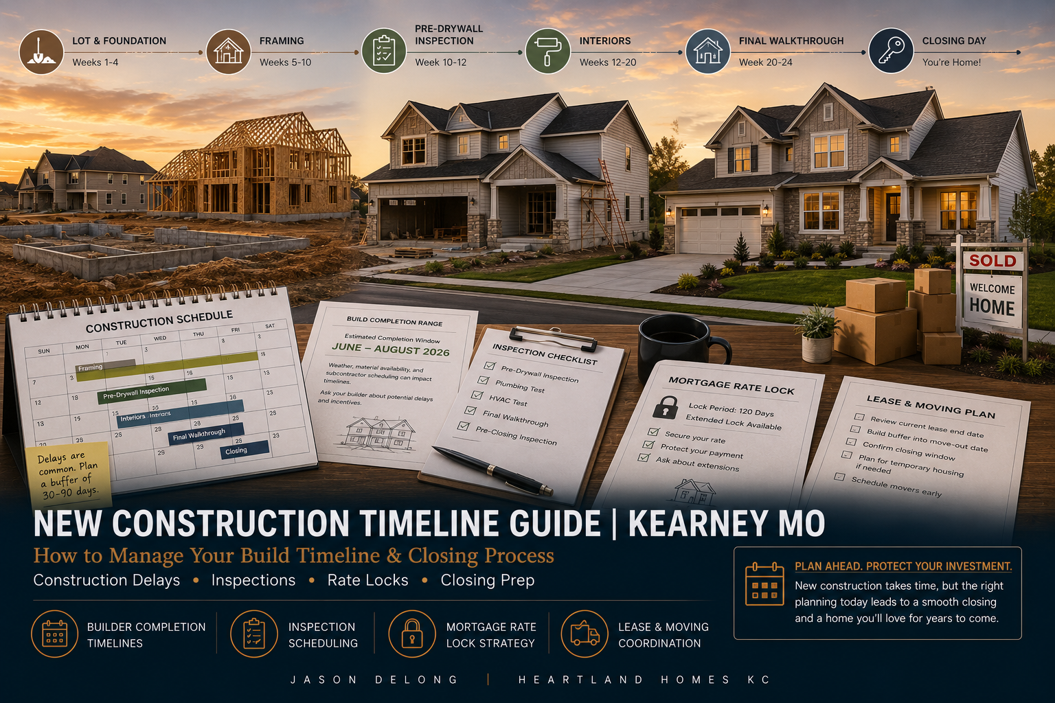 Kearney MO new construction timeline guide featuring home building stages, inspections, mortgage rate locks, and closing process planning for first-time buyers