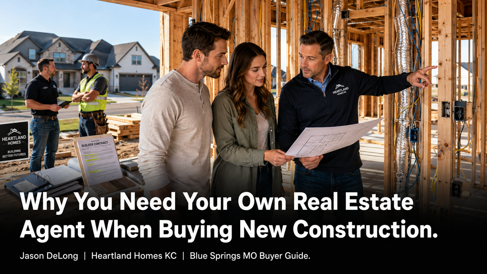 Kansas City real estate agent explaining builder contracts and pre-drywall construction details to first-time homebuyers at a new construction home site in Blue Springs MO.