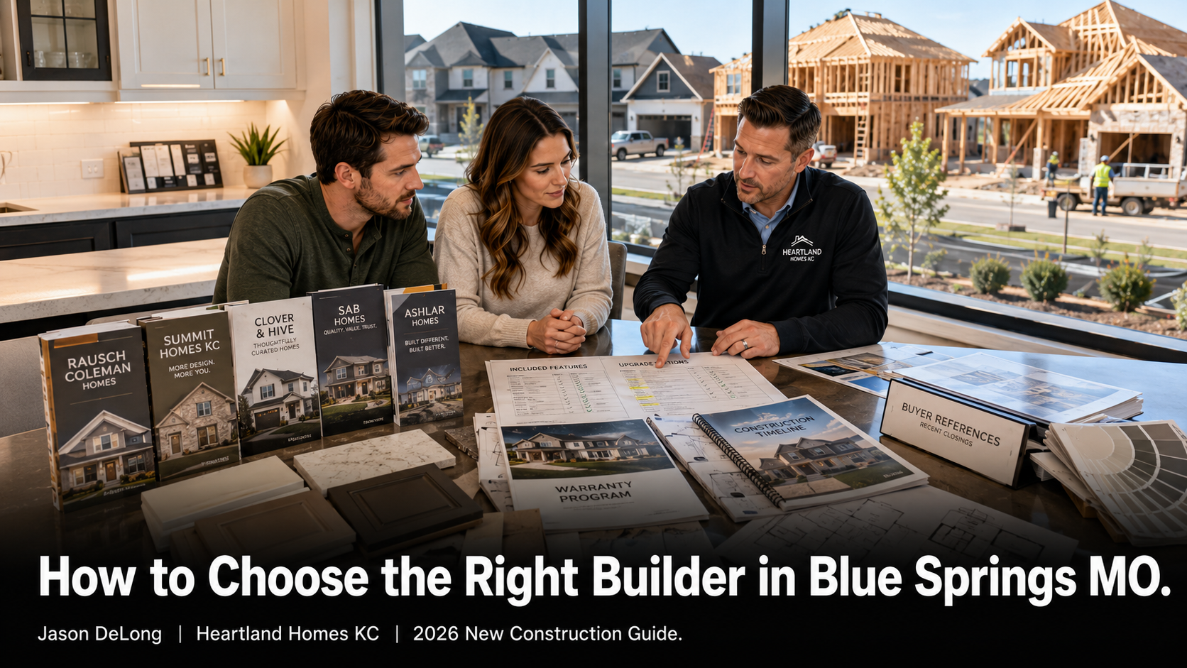First-time homebuyers reviewing builder options, upgrade packages, and warranty information with a Kansas City real estate agent inside a Blue Springs MO new construction model home.