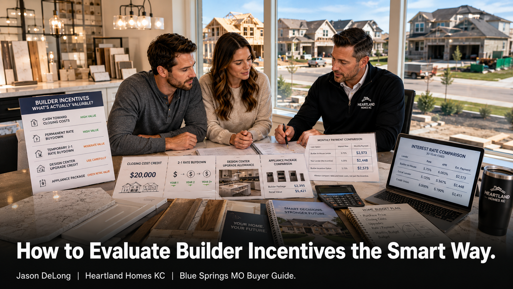 First-time homebuyers comparing builder incentives, mortgage rate buydowns, and upgrade credits with a Kansas City real estate agent inside a Blue Springs MO new construction design center.