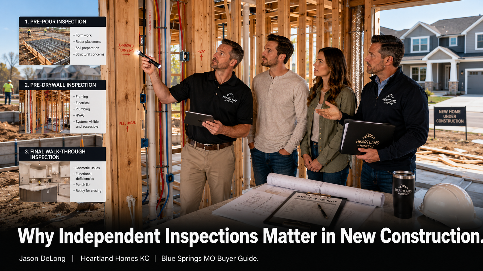 Professional home inspector reviewing framing, plumbing, electrical wiring, and HVAC systems with first-time homebuyers and a Kansas City real estate agent during a pre-drywall new construction inspection in Blue Springs MO.