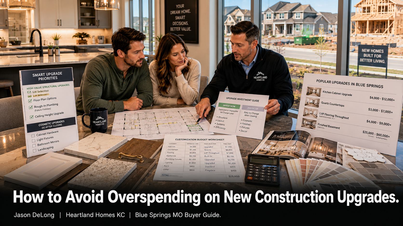 First-time homebuyers reviewing upgrade costs, flooring samples, quartz countertops, and budget worksheets with a Kansas City real estate agent inside a Blue Springs MO new construction design center.