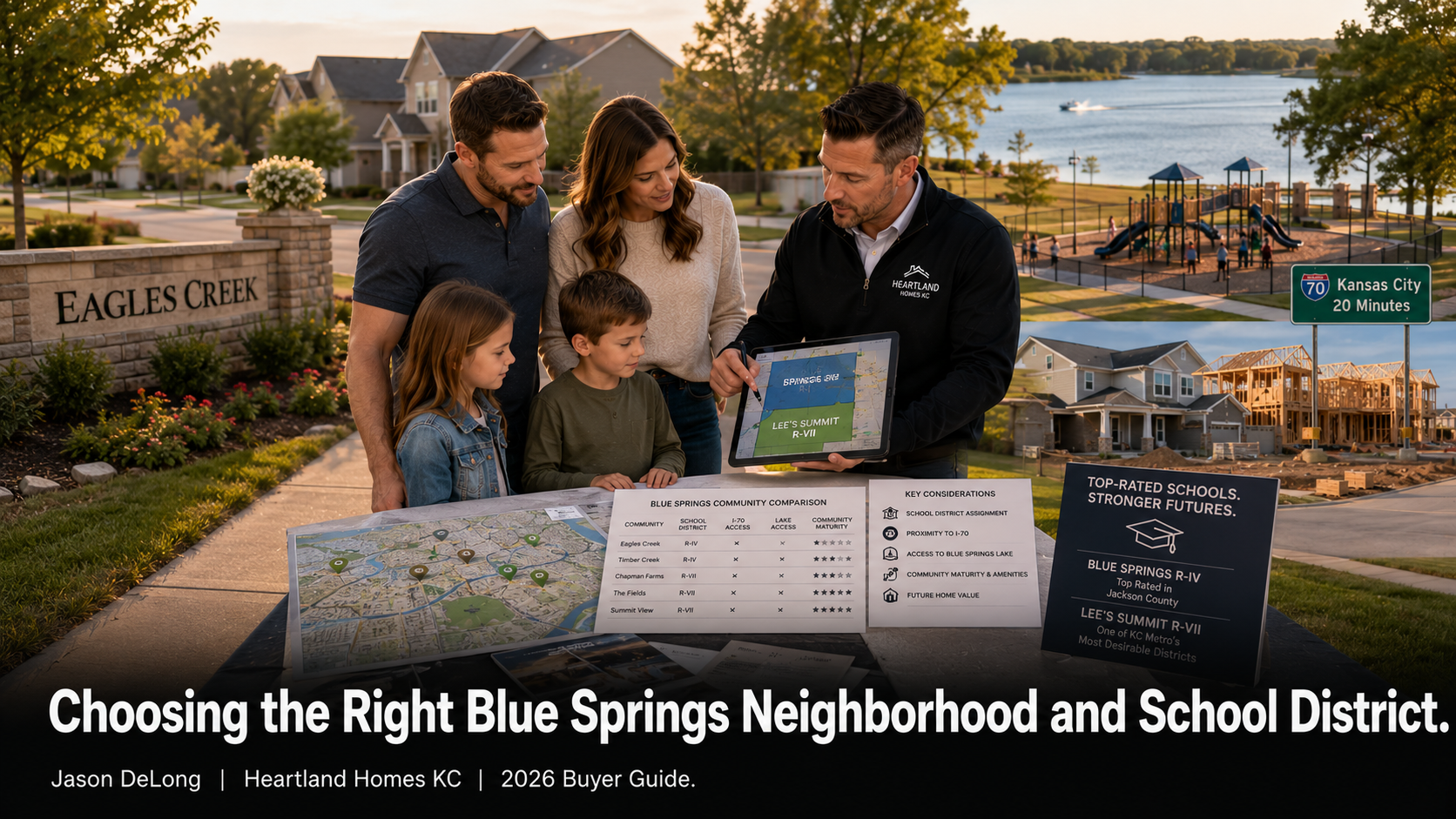 Young family reviewing Blue Springs MO neighborhood and school district options with a Kansas City real estate agent near Blue Springs Lake and suburban new construction communities.