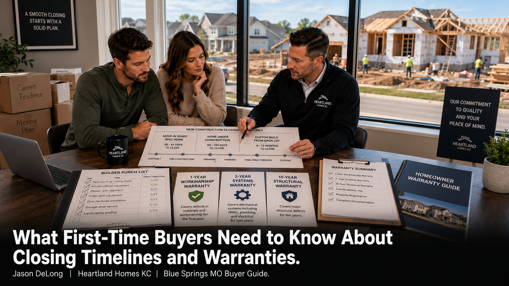 First-time homebuyers reviewing new construction closing timelines, warranty protections, and builder punch lists with a Kansas City real estate agent in Blue Springs MO.